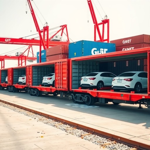 5月12日上合示范区多式联运中心发出首列齐鲁号“上合快线”商品车专列